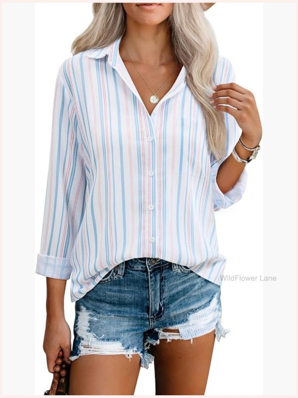 Button Down Blouse Long Sleeve Striped Casual Collared Top with Pocket